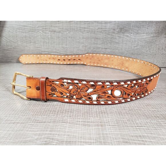 Vintage TONY LAMA Hand Tooled "PAT" LEATHER BELT - SIZE 28 - Made in USA - Picture 4 of 14